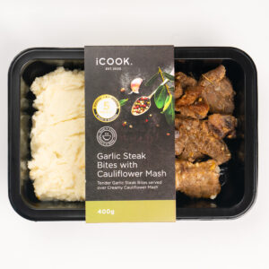 Garlic steak bites with cauliflower mash