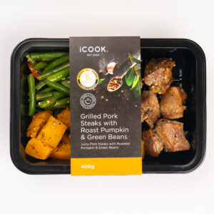 Grilled pork steaks with pumpkin and green beans